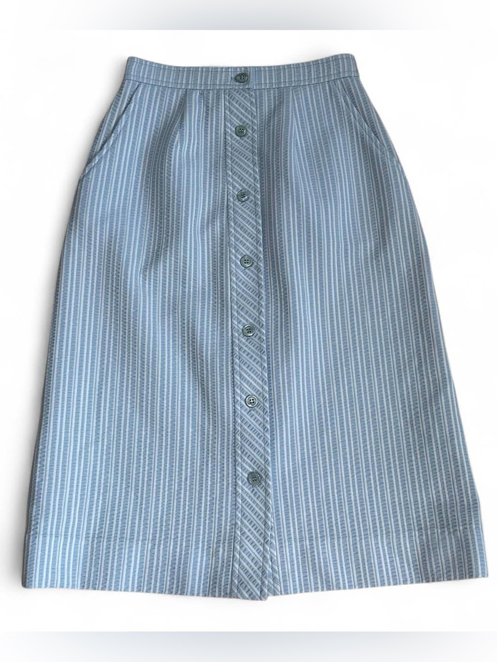 Vintage Blue & White Striped Midi Skirt with Pockets Size XS (see measurements)